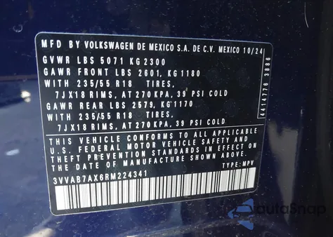 2024 Volkswagen Tiguan 2.0T Wolfsburg Edition z USA, uszkodzony, nr VIN 3VVAB7AX6RM224341